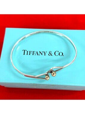 Tiffany & Co Vintage Hook Eye Double Heart Bangle Silver Bracelet